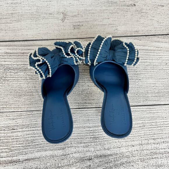 Venita Aspen For Gianni Bini Harlow Blue Ruffle Pearl Bow Heels Size 9 - Picture 3 of 10